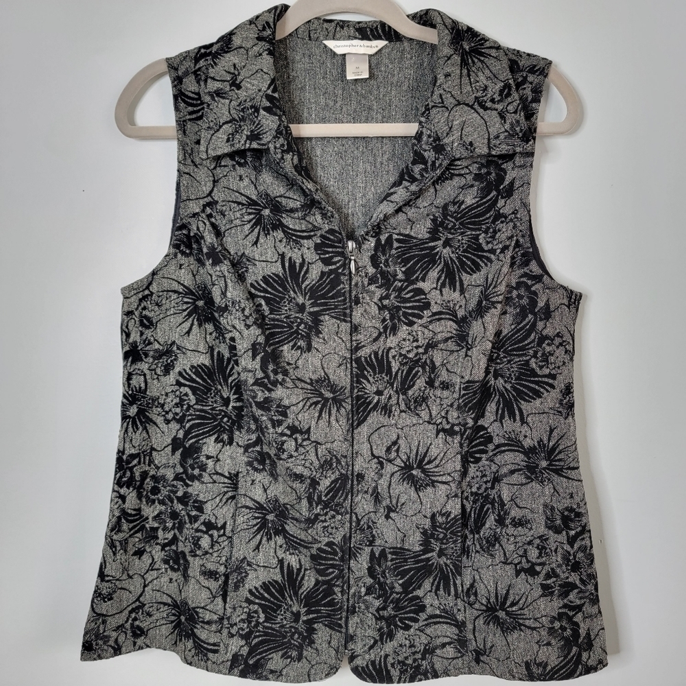 Christopher & Banks Medium Floral Flossed Zip Up Vest